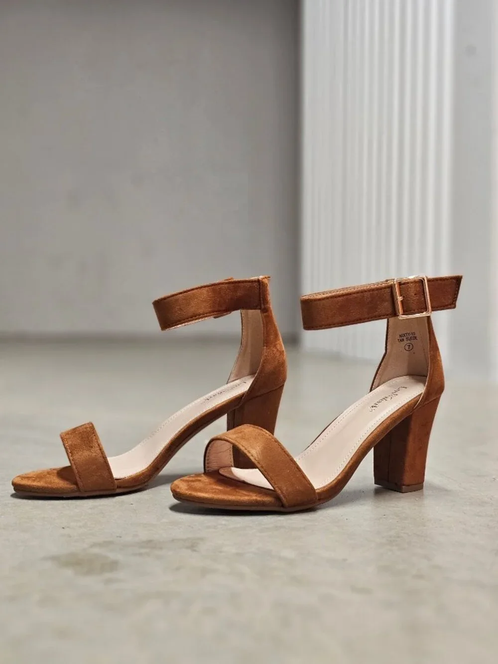 Tan Faux Suede Block Heel Sandals With Adjustable Ankle Strap Open Toe Design Wo - Picture 14 of 14